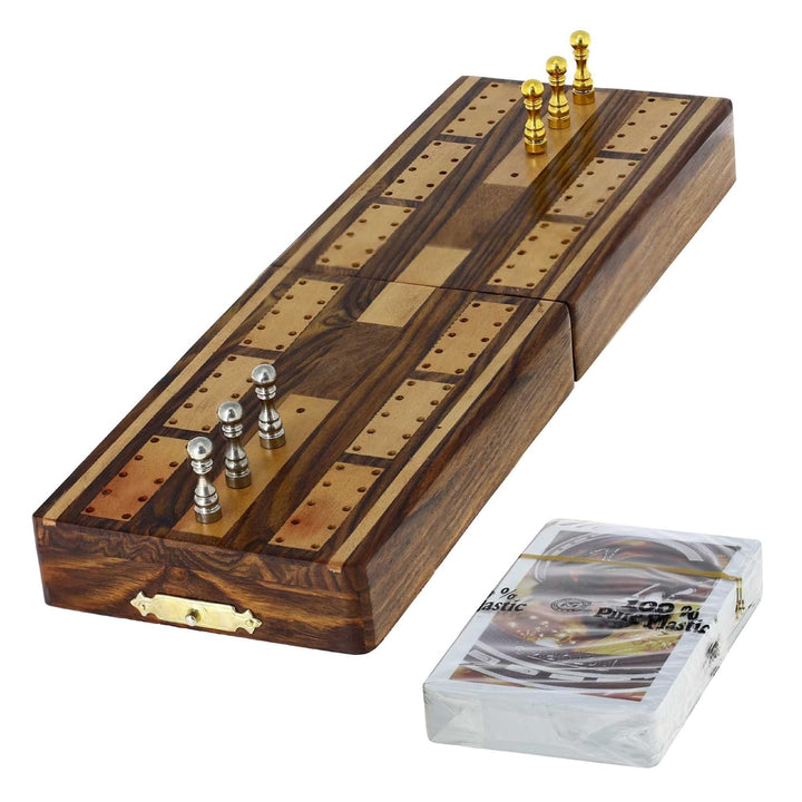 Wooden Game Cribbage Boards and 6 Metal Cribbage Pegs Set with Storage