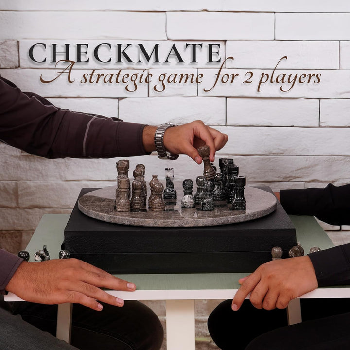 Oceanic & Black Marble Chess Set - 15" Circular Board, 34 Hand-Polished Pieces, Storage Box