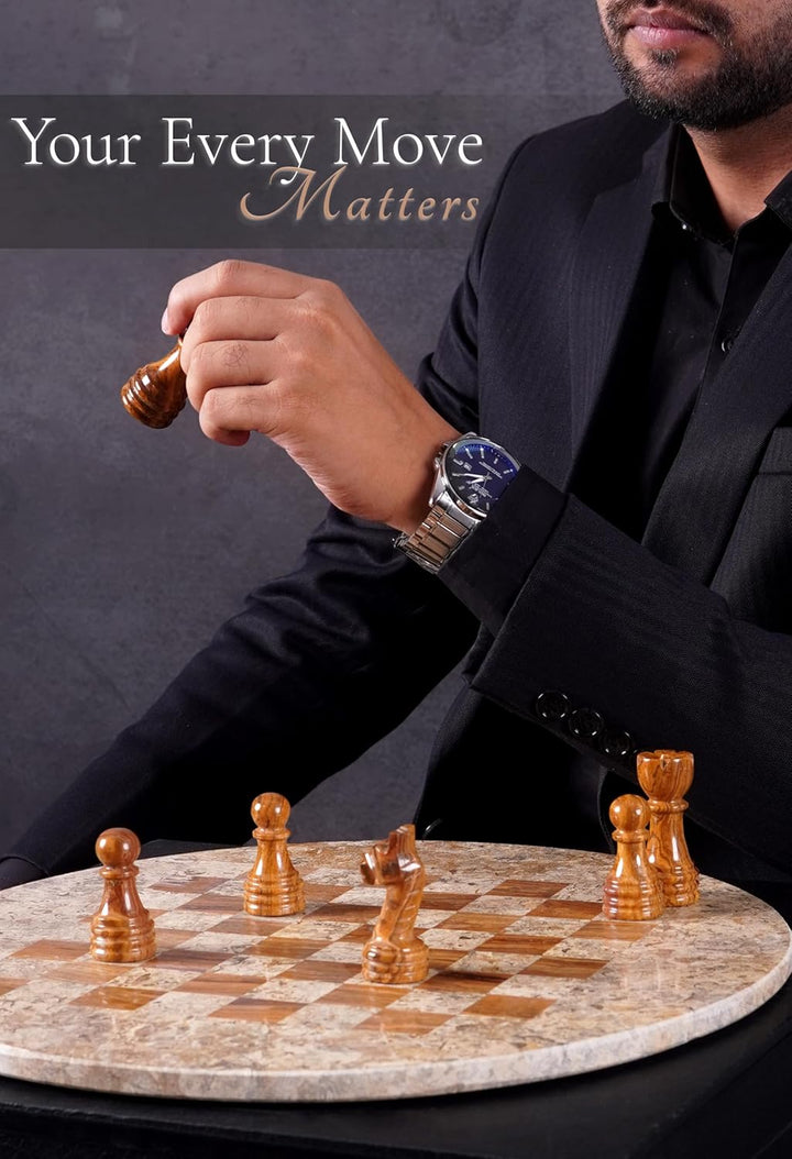 Coral-Red Marble Chess Set - 15" Circular Board, 34 Hand-Polished Pieces, Storage Box