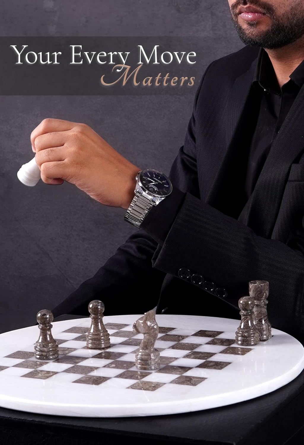 White & Oceanic Marble Chess Set - 15" Circular Board, 34 Hand-Polished Pieces, Storage Box