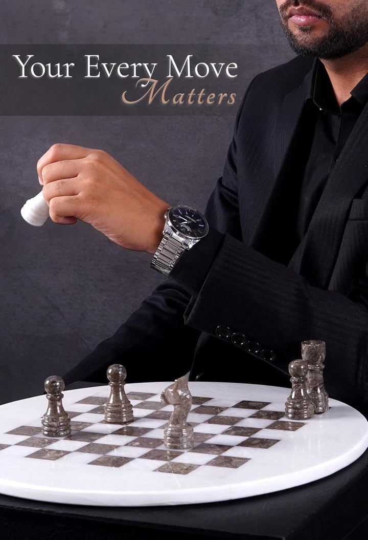 White & Oceanic Marble Chess Set - 15" Circular Board, 34 Hand-Polished Pieces, Storage Box