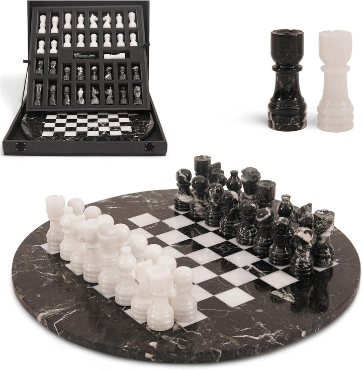 White & Black Marble Chess Set - 15" Circular Board, 34 Hand-Polished Pieces, Storage Box
