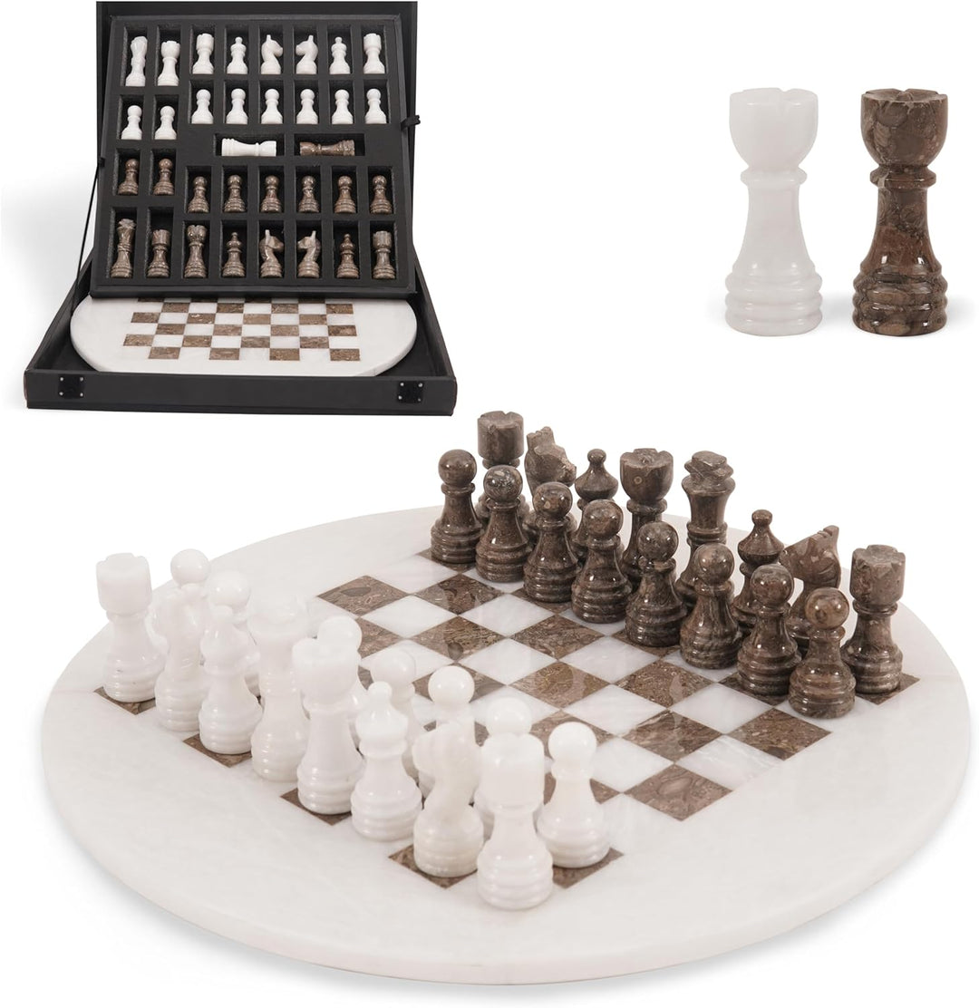 White & Oceanic Marble Chess Set - 15" Circular Board, 34 Hand-Polished Pieces, Storage Box