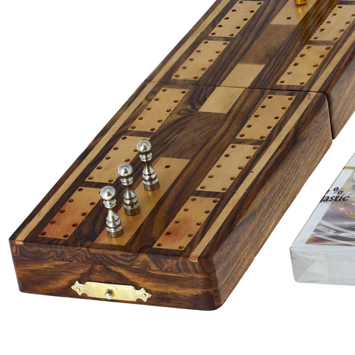 Wooden Game Cribbage Boards and 6 Metal Cribbage Pegs Set with Storage