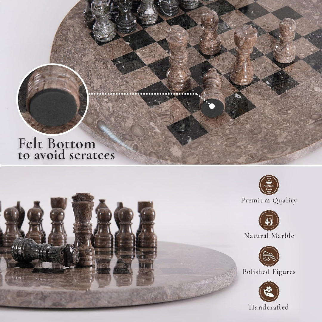 Oceanic & Black Marble Chess Set - 15" Circular Board, 34 Hand-Polished Pieces, Storage Box