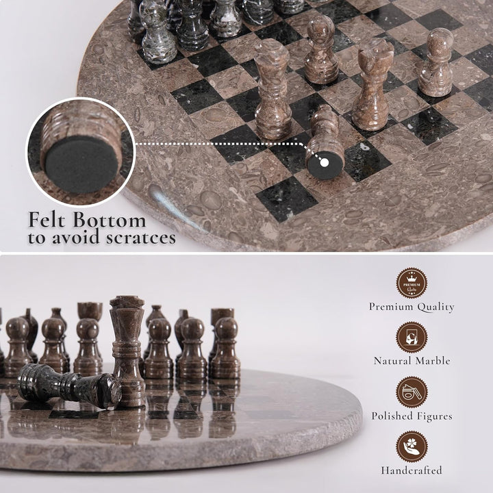 Oceanic & Black Marble Chess Set - 15" Circular Board, 34 Hand-Polished Pieces, Storage Box
