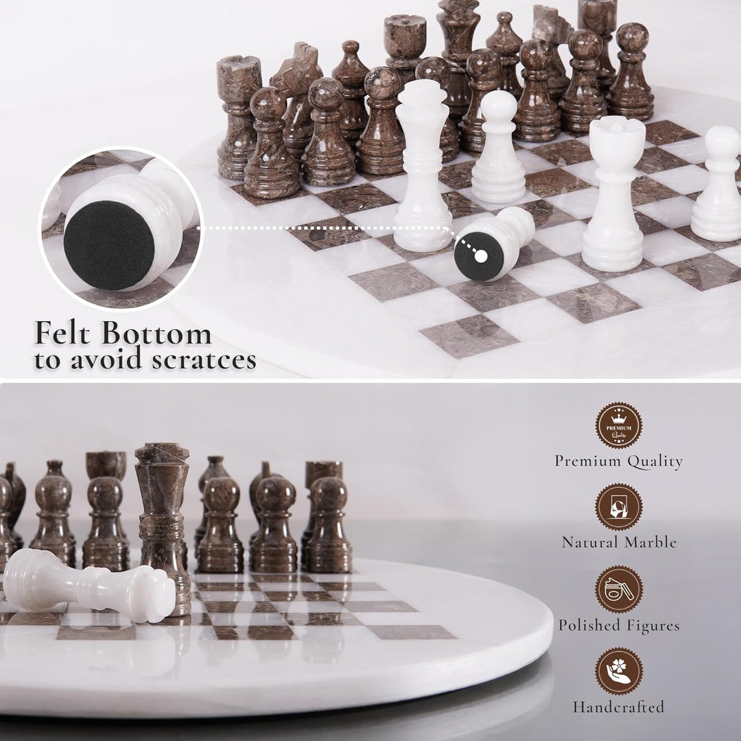 White & Oceanic Marble Chess Set - 15" Circular Board, 34 Hand-Polished Pieces, Storage Box