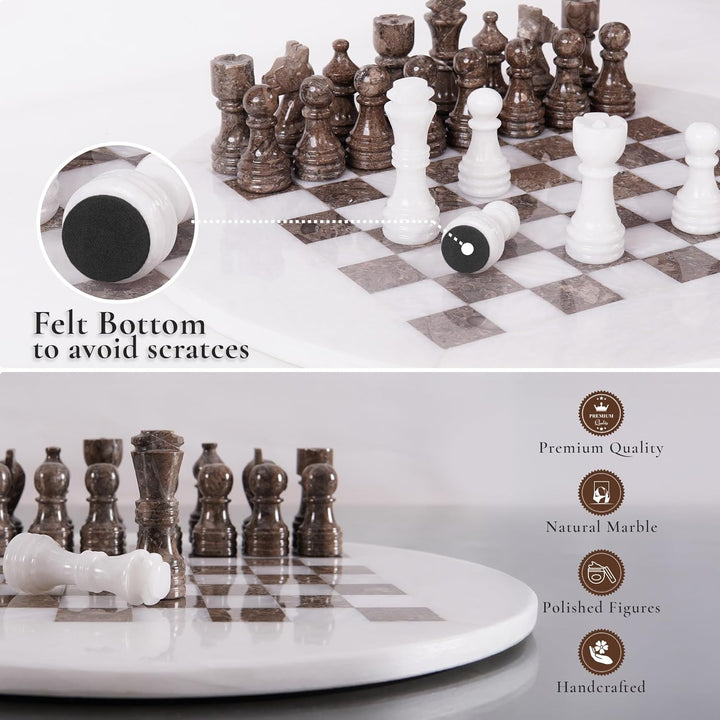 White & Oceanic Marble Chess Set - 15" Circular Board, 34 Hand-Polished Pieces, Storage Box