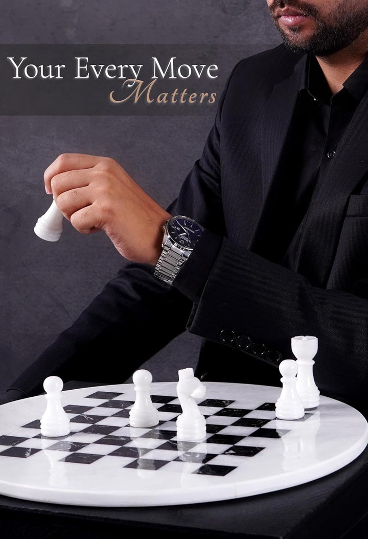 White & Black Marble Chess Set - 15" Circular Board, 34 Hand-Polished Pieces, Storage Box