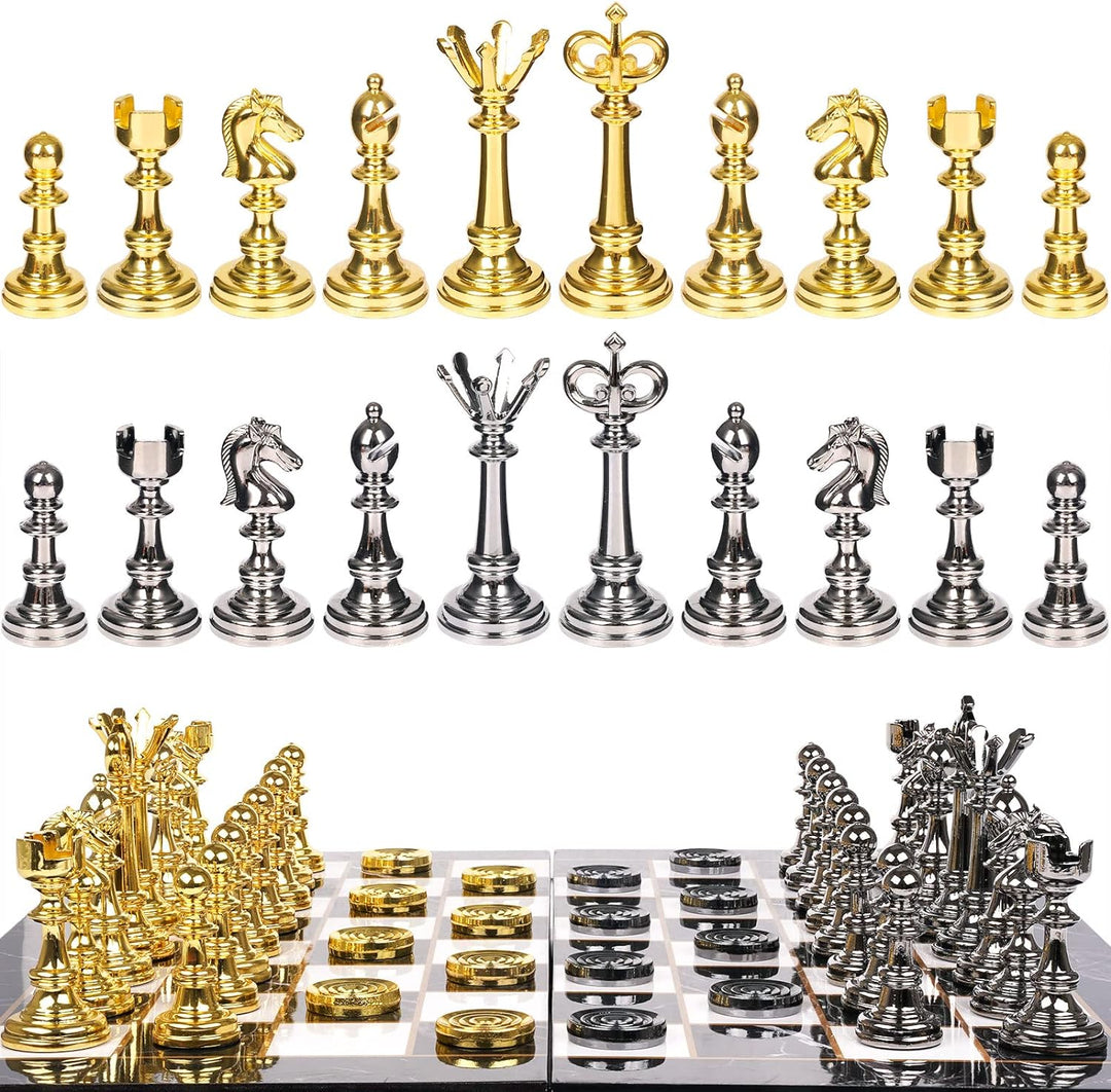 Metal Chess Set and Checkers Game Set 15 inch (2 in 1)