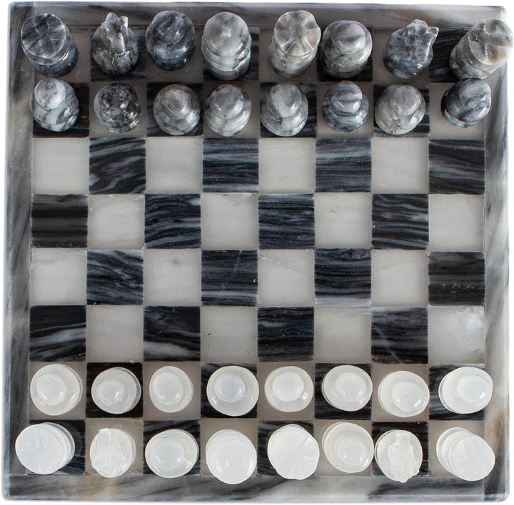 Mini Onyx and Marble Chess Set Grey Ivory Marblestone Mexico Sets