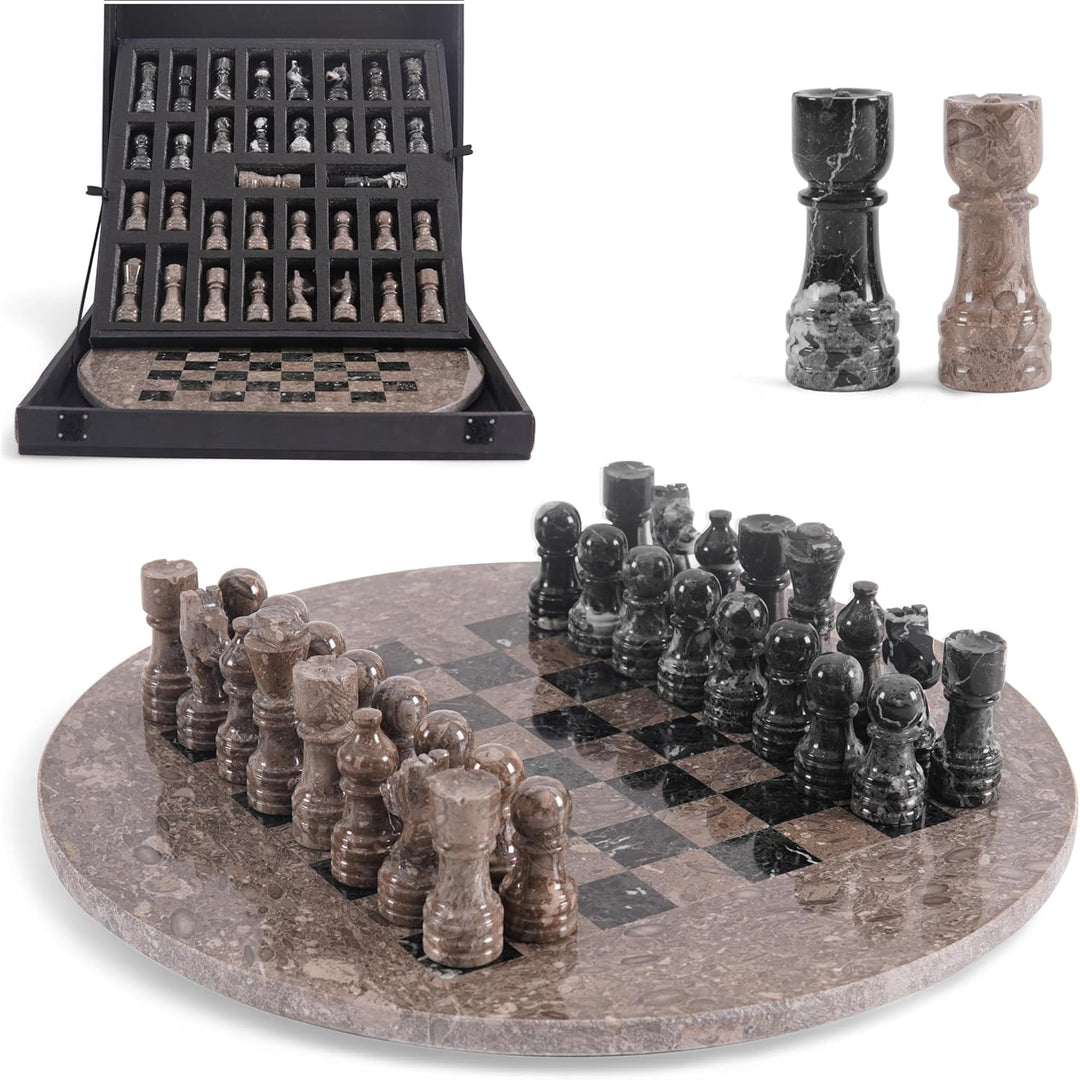 Oceanic & Black Marble Chess Set - 15" Circular Board, 34 Hand-Polished Pieces, Storage Box