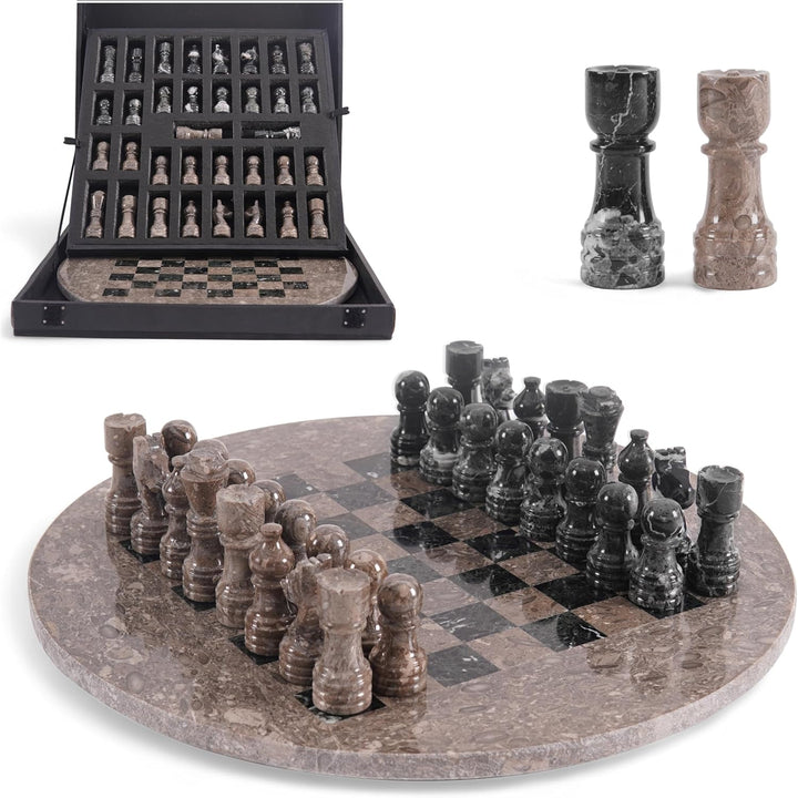 Oceanic & Black Marble Chess Set - 15" Circular Board, 34 Hand-Polished Pieces, Storage Box