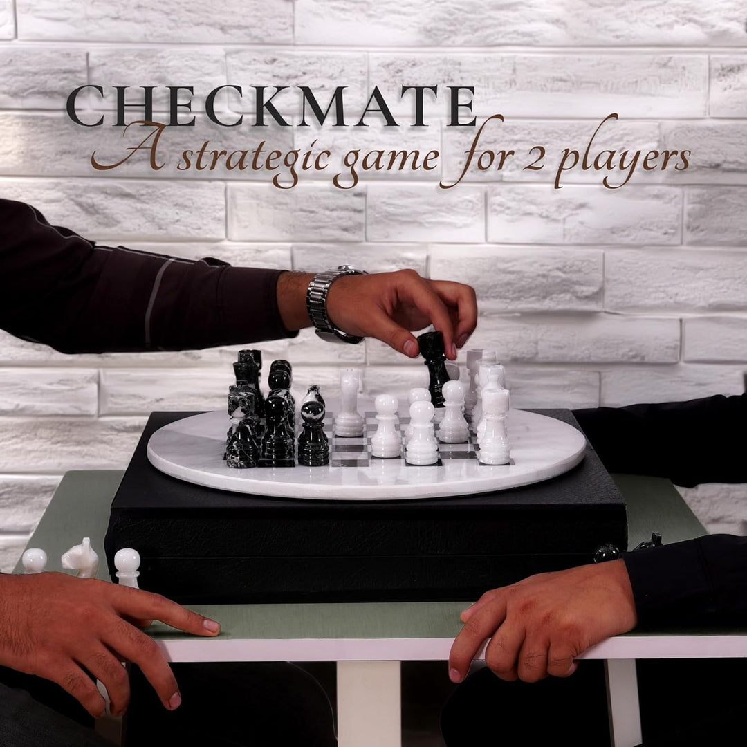 White & Black Marble Chess Set - 15" Circular Board, 34 Hand-Polished Pieces, Storage Box