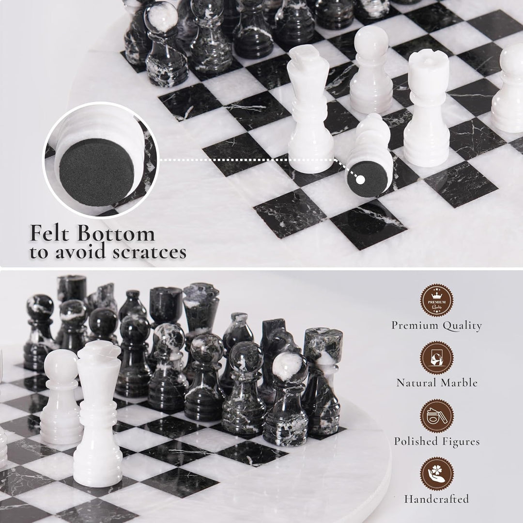 White & Black Marble Chess Set - 15" Circular Board, 34 Hand-Polished Pieces, Storage Box