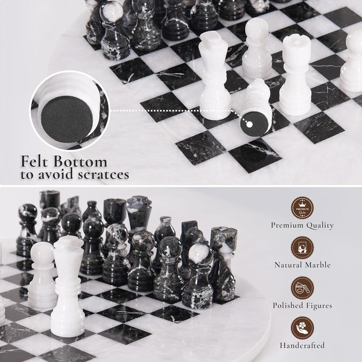 White & Black Marble Chess Set - 15" Circular Board, 34 Hand-Polished Pieces, Storage Box