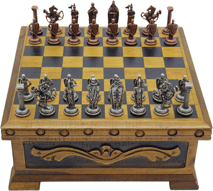 Handcrafted Chess Board and British Figure Metal Chess Pieces