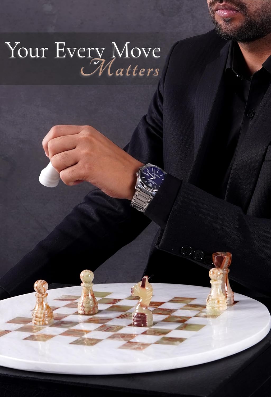 White & Green Marble Chess Set - 15" Circular Board, 34 Hand-Polished Pieces, Storage Box