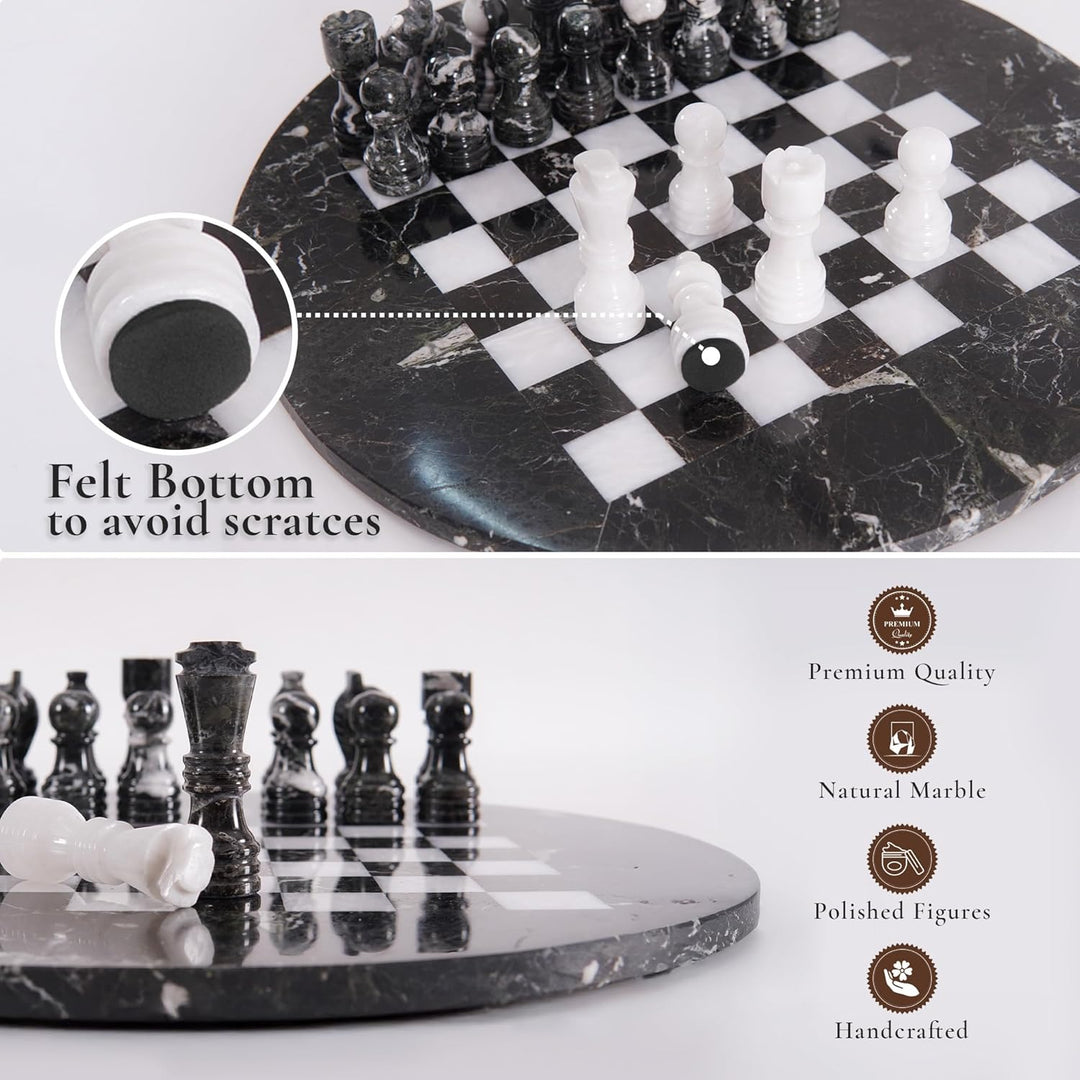 White & Black Marble Chess Set - 15" Circular Board, 34 Hand-Polished Pieces, Storage Box