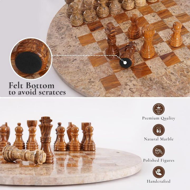 Coral-Red Marble Chess Set - 15" Circular Board, 34 Hand-Polished Pieces, Storage Box