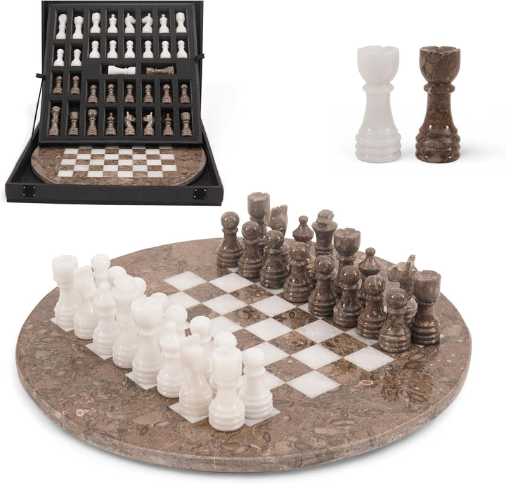 Handmade Marble Chess Set - 15" Circular Board, 34 Hand-Polished Pieces, Storage Box