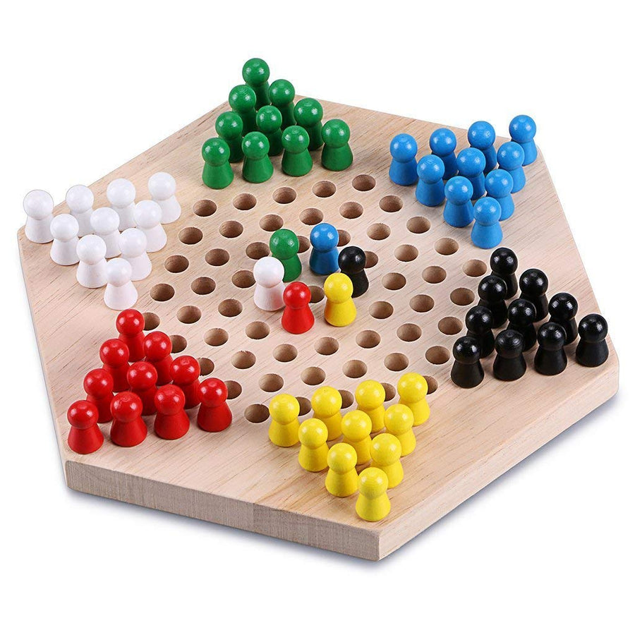 Traditional Hexagon wooden family game set, chinese checkers board with wooden Pegs - Chess'n'Boards
