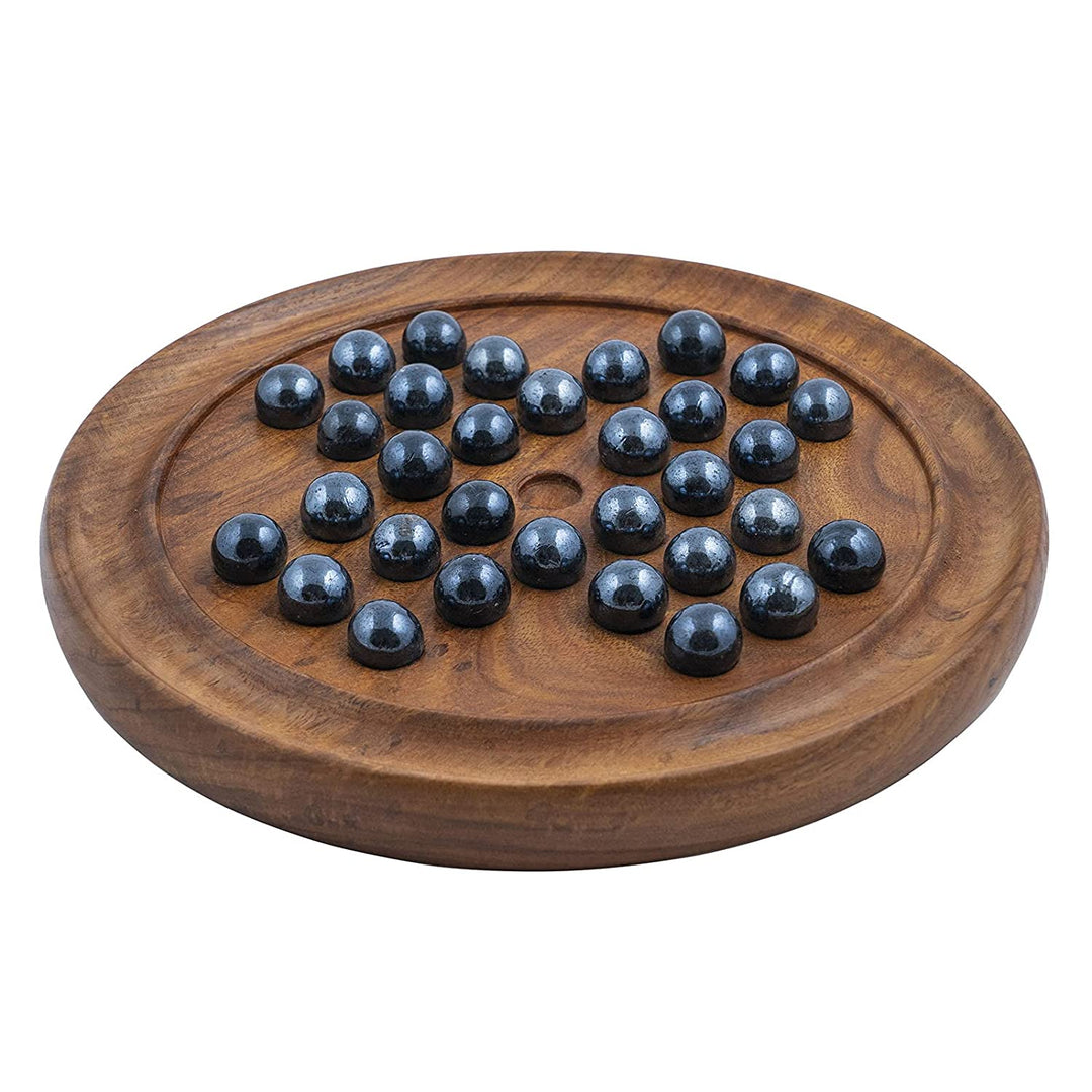 Wooden Solitaire Board Game in with Glass Marbles/ Brain-vita Unique Game 9" - Chess'n'Boards
