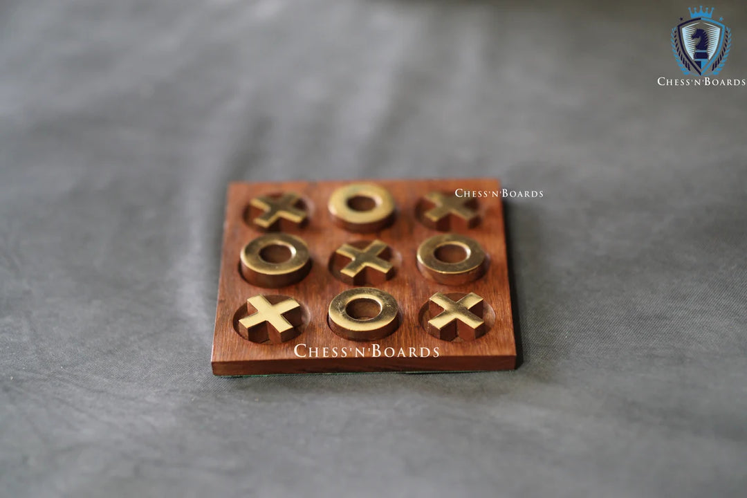 Brass Inlaid Tic Tak Toe Board Game 4.5 x 4.5" | Table Top Noughts and Crosses - Chess'n'Boards