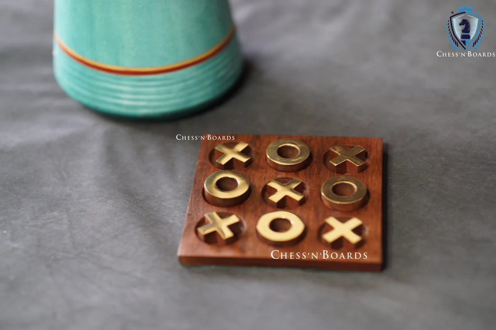 Brass Inlaid Tic Tak Toe Board Game 4.5 x 4.5" | Table Top Noughts and Crosses - Chess'n'Boards