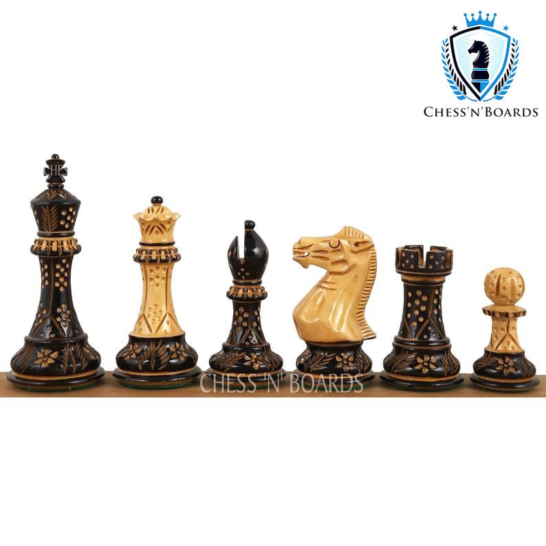 Pyrographed Classic -Staunton Style Tournament Chess set/ Burnt Boxwood Staunton Style Chess Pieces - Chess'n'Boards