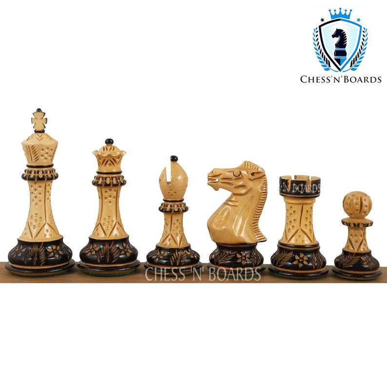 Pyrographed Classic -Staunton Style Tournament Chess set/ Burnt Boxwood Staunton Style Chess Pieces - Chess'n'Boards