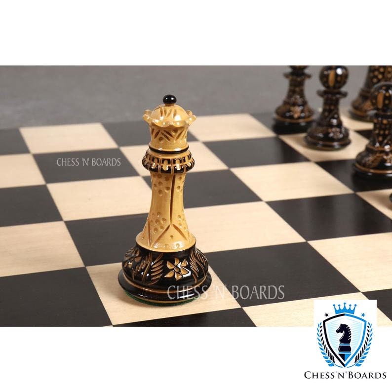 Pyrographed Classic -Staunton Style Tournament Chess set/ Burnt Boxwood Staunton Style Chess Pieces - Chess'n'Boards