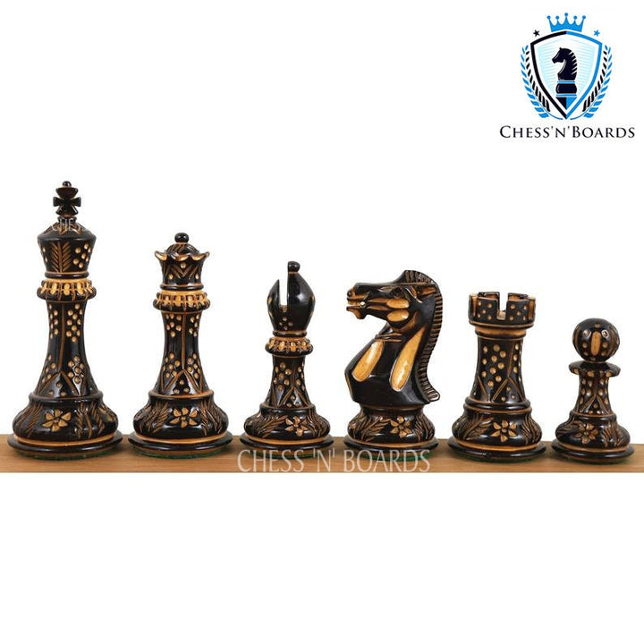 Pyrographed Classic -Staunton Style Tournament Chess set/ Burnt Boxwood Staunton Style Chess Pieces - Chess'n'Boards