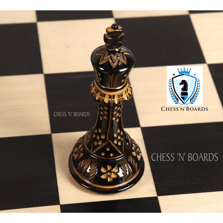 Pyrographed Classic -Staunton Style Tournament Chess set/ Burnt Boxwood Staunton Style Chess Pieces - Chess'n'Boards