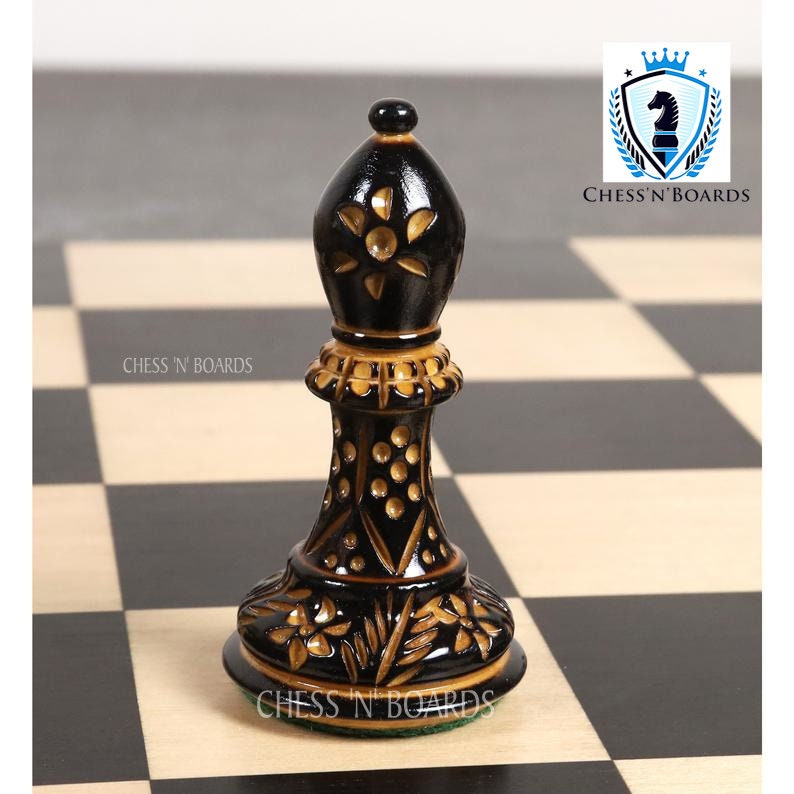 Pyrographed Classic -Staunton Style Tournament Chess set/ Burnt Boxwood Staunton Style Chess Pieces - Chess'n'Boards