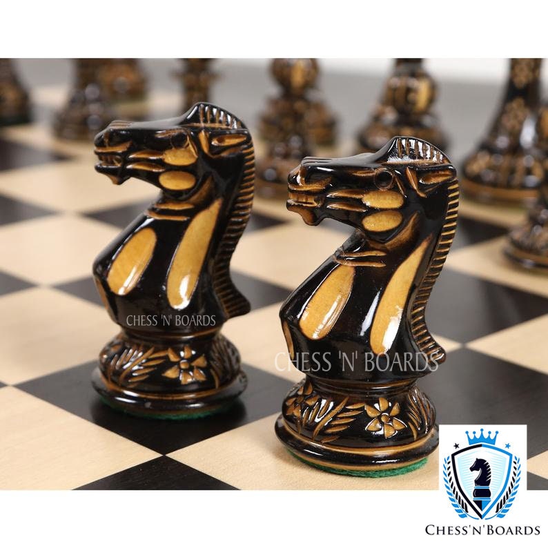 Pyrographed Classic -Staunton Style Tournament Chess set/ Burnt Boxwood Staunton Style Chess Pieces - Chess'n'Boards