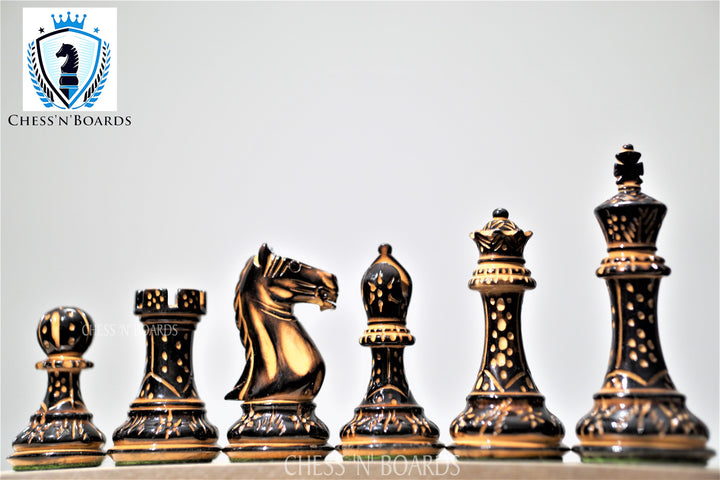 Pyrographed Classic -Staunton Style Tournament Chess set/ Burnt Boxwood Staunton Style Chess Pieces - Chess'n'Boards