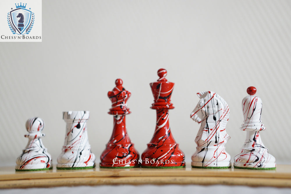 1950 Dubrovnik Bobby Fischer Reproduced Chess Pieces in Patterned Red and White Color - Chess'n'Boards