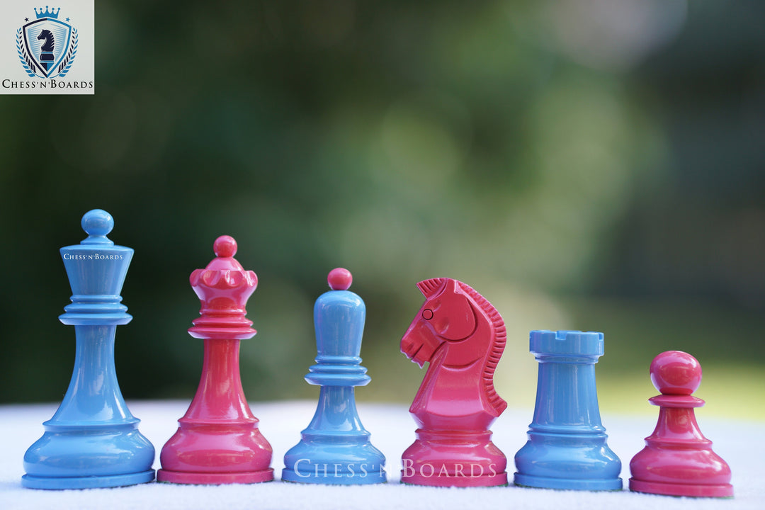 1950 Dubrovnik Bobby Fischer Reproduced Chess Pieces in Blue-Pink - Chess'n'Boards