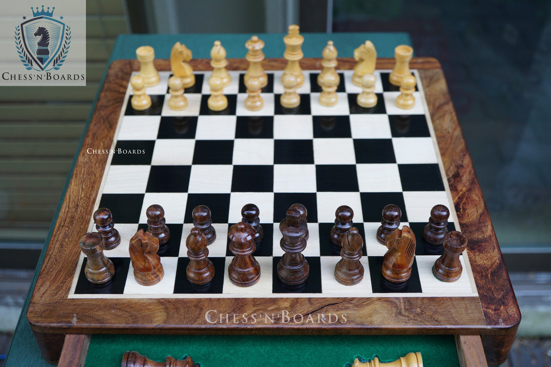 Indian Handmade Wooden Drawer Chess Board Set With Storage Drawer, 10 Inches - Chess'n'Boards