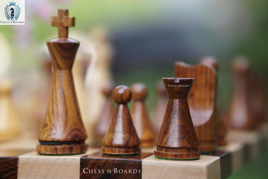 Russian Poni  Chess Pieces with Double Sided Modern Walnut: Maple Board - Chess'n'Boards