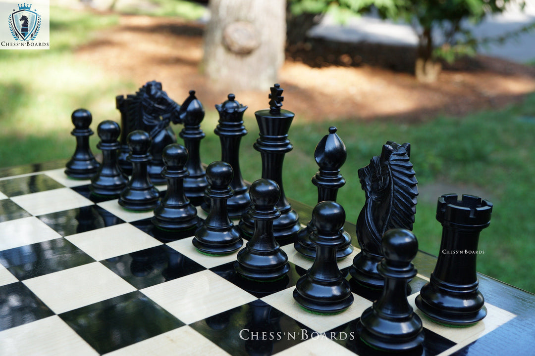 Combo Chess Set | Rio Staunton Series Biggy Knight Chess Set in Ebony and Boxwood with Ebony Board - Chess'n'Boards