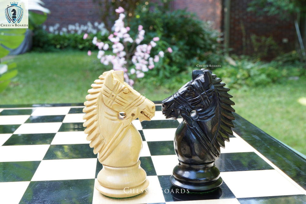 Combo Chess Set | Rio Staunton Series Biggy Knight Chess Set in Ebony and Boxwood with Ebony Board - Chess'n'Boards