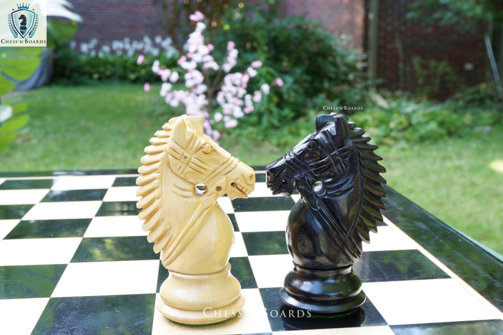 Combo Chess Set | Rio Staunton Series Biggy Knight Chess Set in Ebony and Boxwood with Ebony Board - Chess'n'Boards