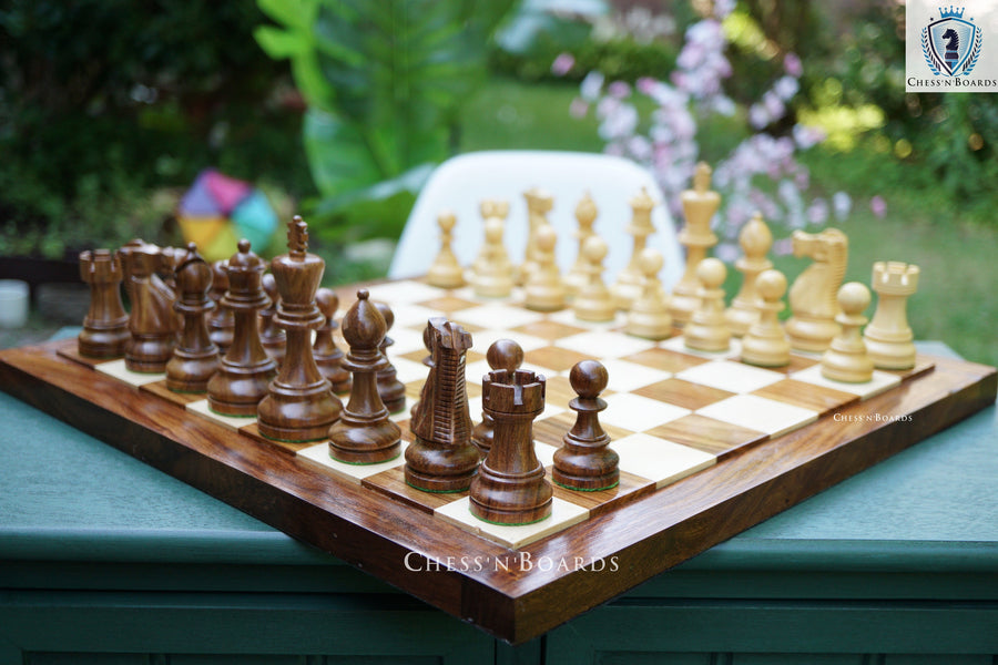 Combo Chess Set | British Staunton King 4" Handmade Indian Rosewood Tournament Chess Set with Endgrain Chessboard - Chess'n'Boards