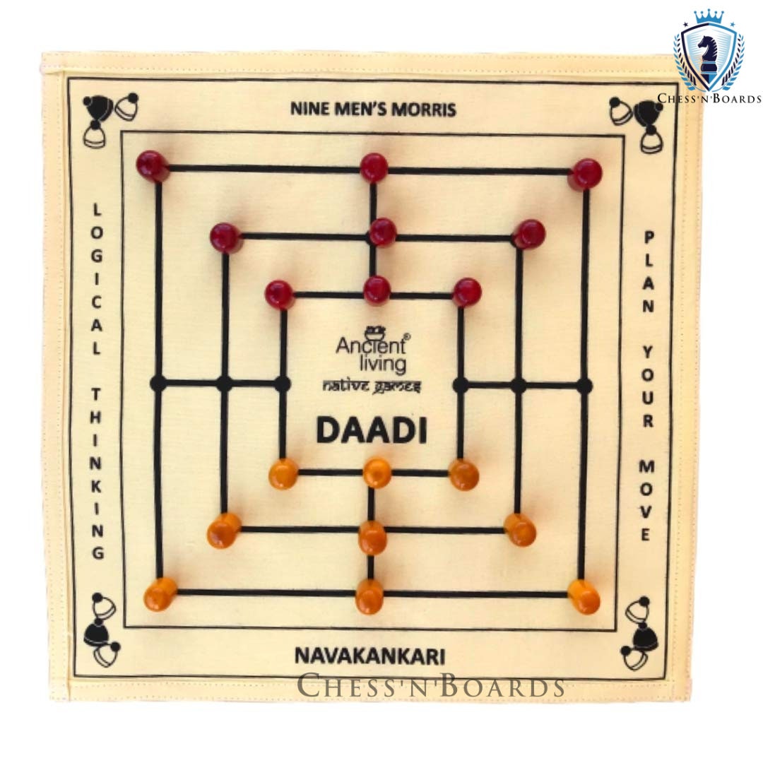 Ancient Living Daadi / Navakankari / Nine Men's Morris Board Game - Black, White - Chess'n'Boards