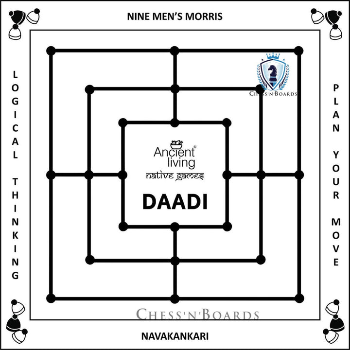 Ancient Living Daadi / Navakankari / Nine Men's Morris Board Game - Black, White - Chess'n'Boards