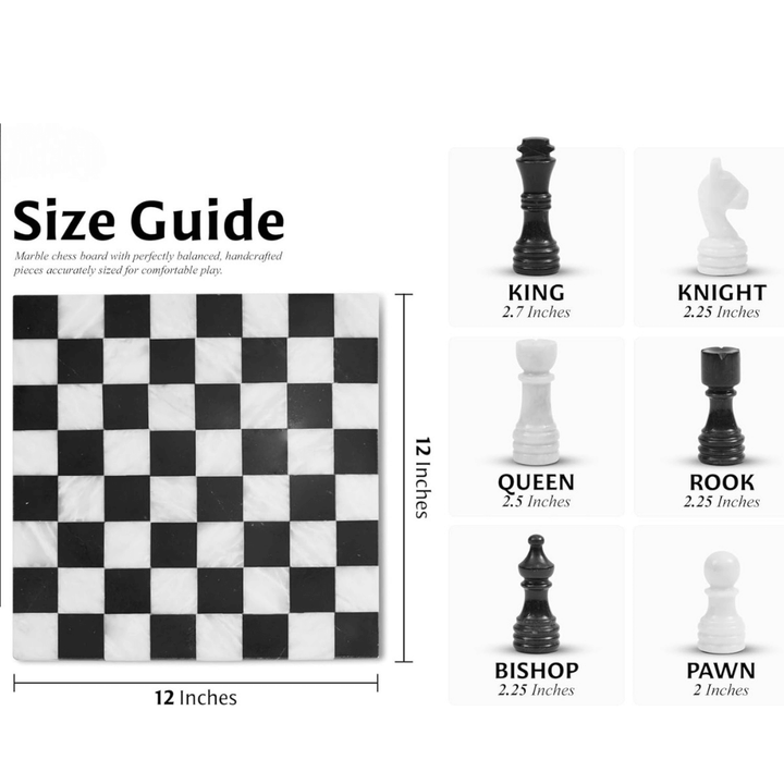 Marble Chess Set 12" Black & White with 32 Chess Pieces & 2 Extra Queens