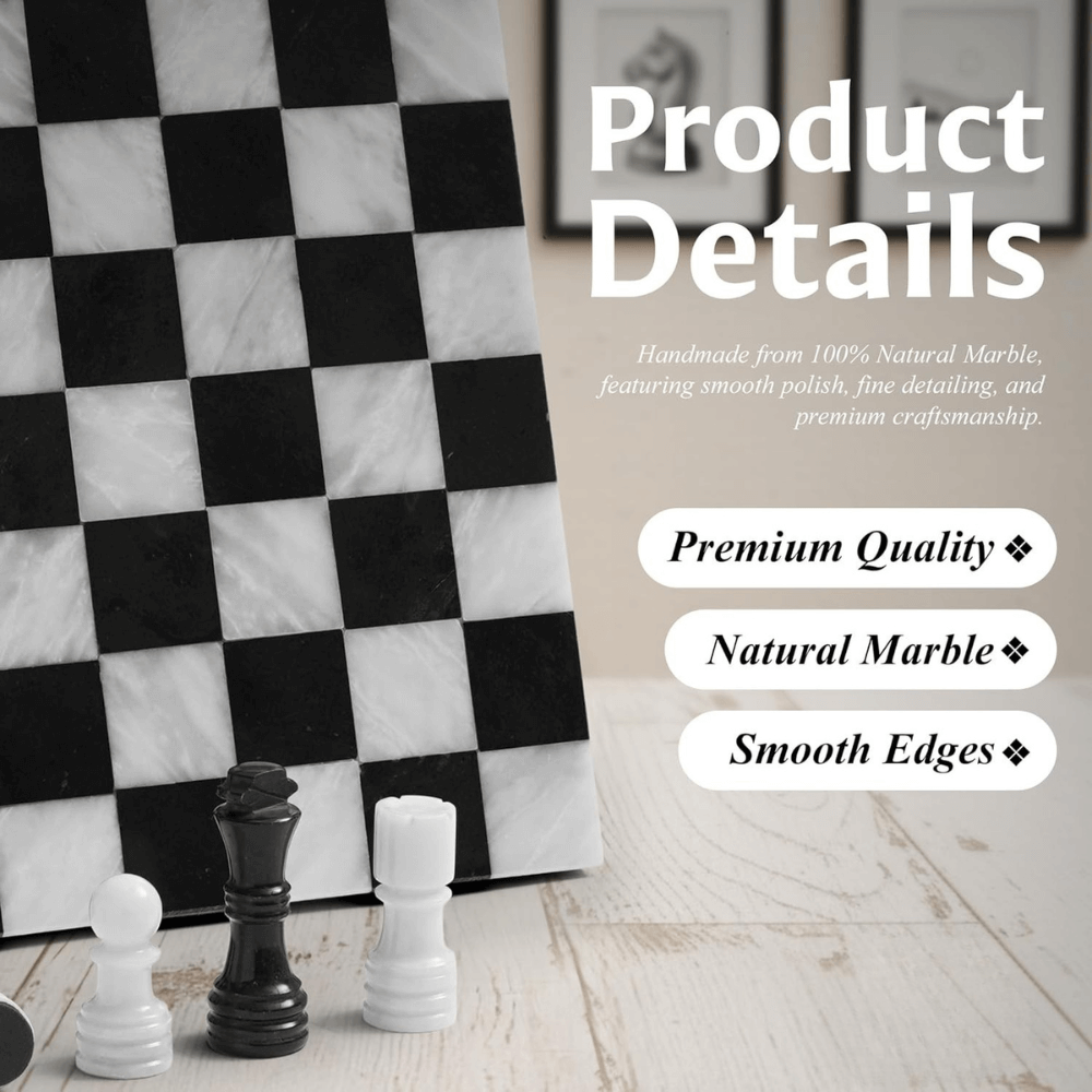 Marble Chess Set 12" Black & White with 32 Chess Pieces & 2 Extra Queens