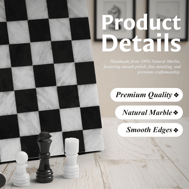 Marble Chess Set 12" Black & White with 32 Chess Pieces & 2 Extra Queens